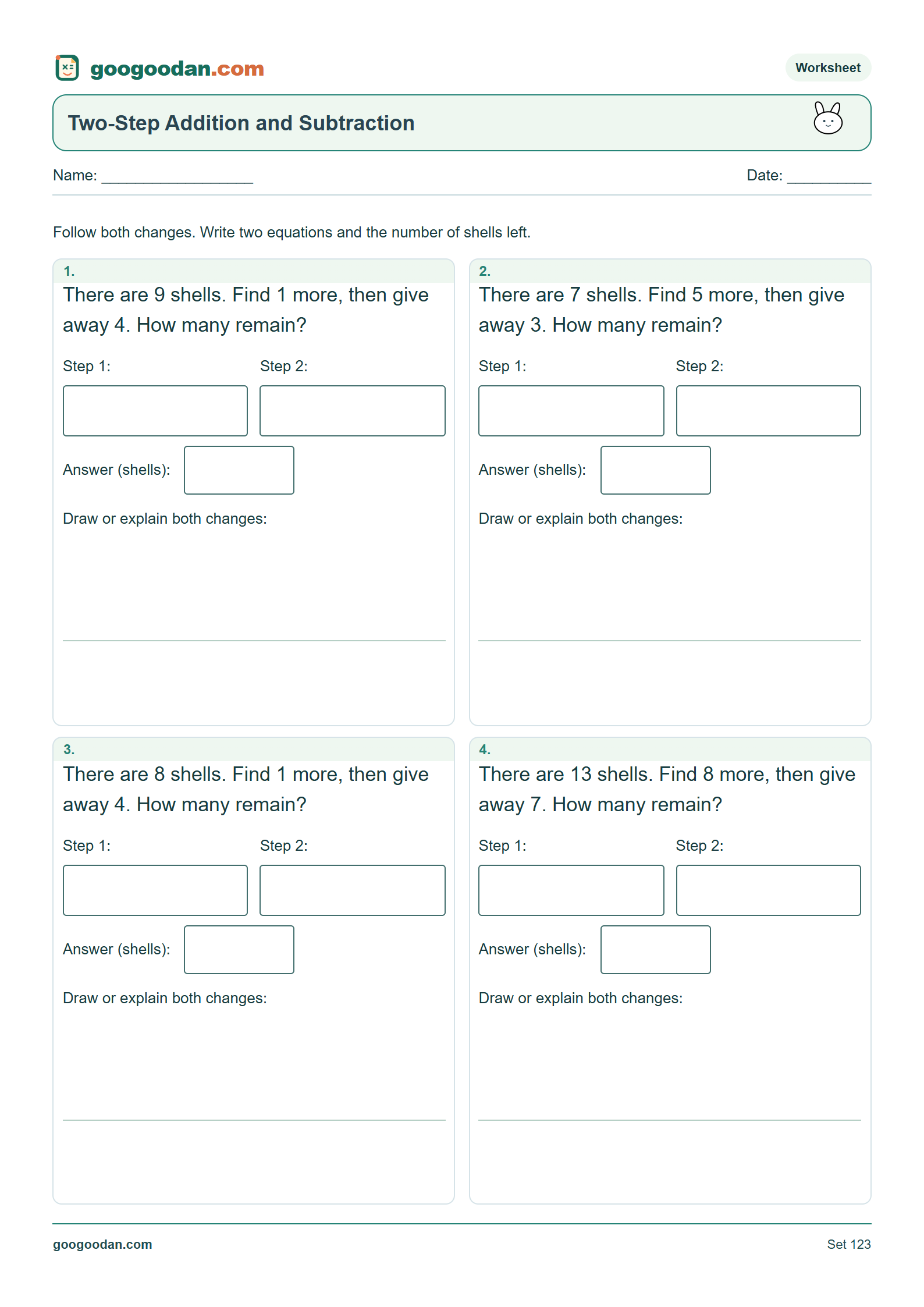 Full printable worksheet preview: Two-Step Addition and Subtraction Word Problems