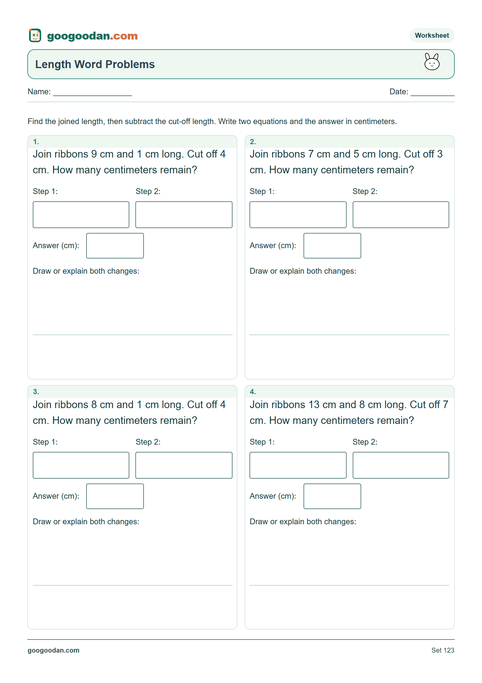 Full printable worksheet preview: Length Word Problems in Centimeters