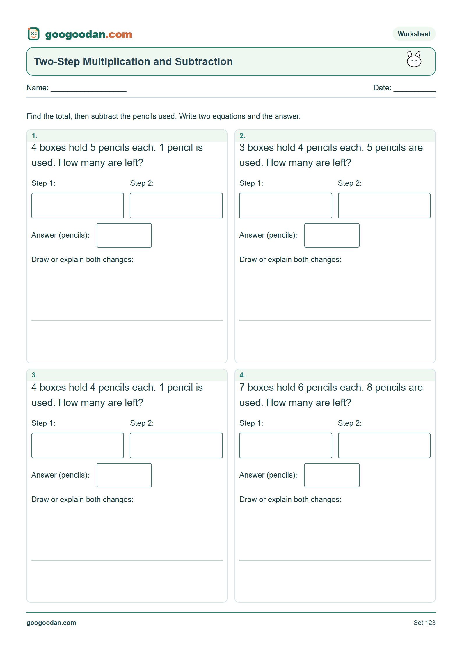 Full printable worksheet preview: Two-Step Multiplication and Subtraction Word Problems