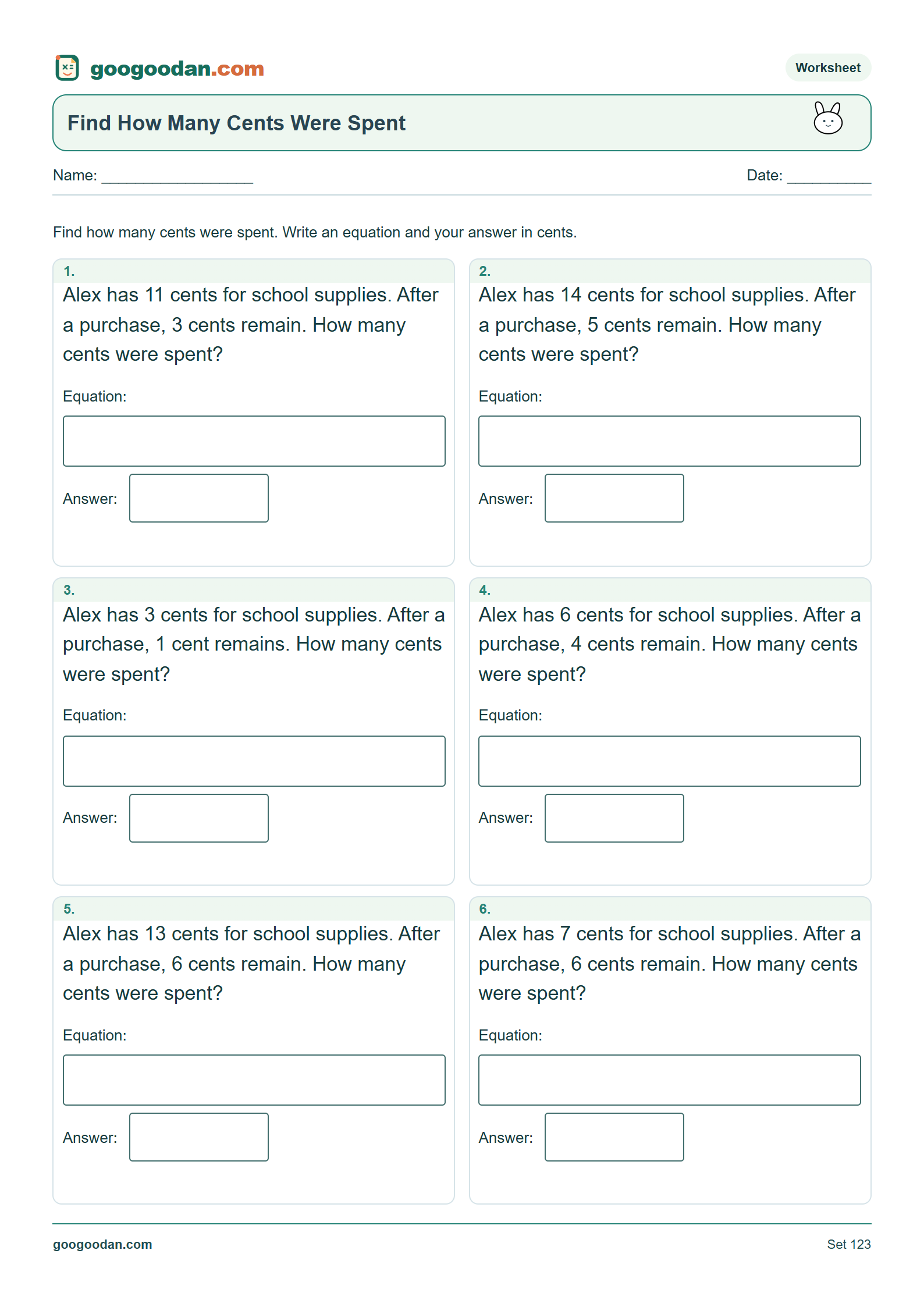 Full printable worksheet preview: Find the Missing Change Word Problems