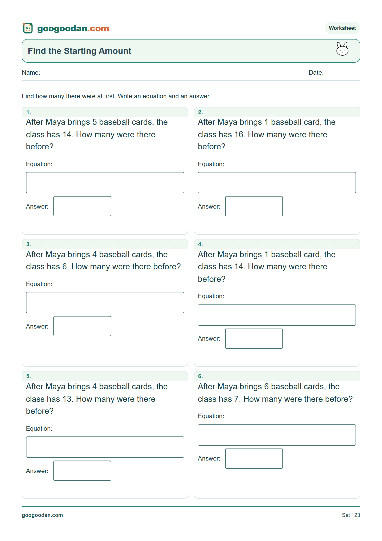 Full printable worksheet preview: Find the Starting Amount Word Problems