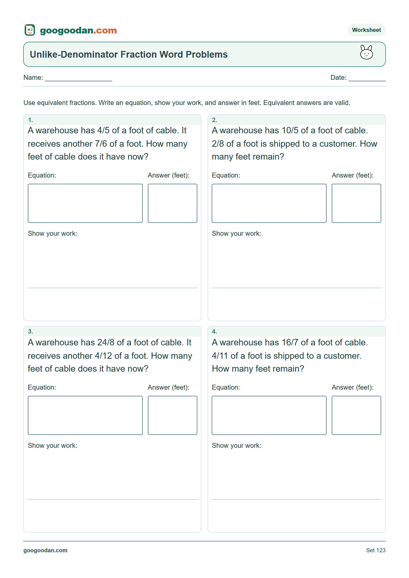 Full printable worksheet preview: Adding and Subtracting Fractions Word Problems With Unlike Denominators
