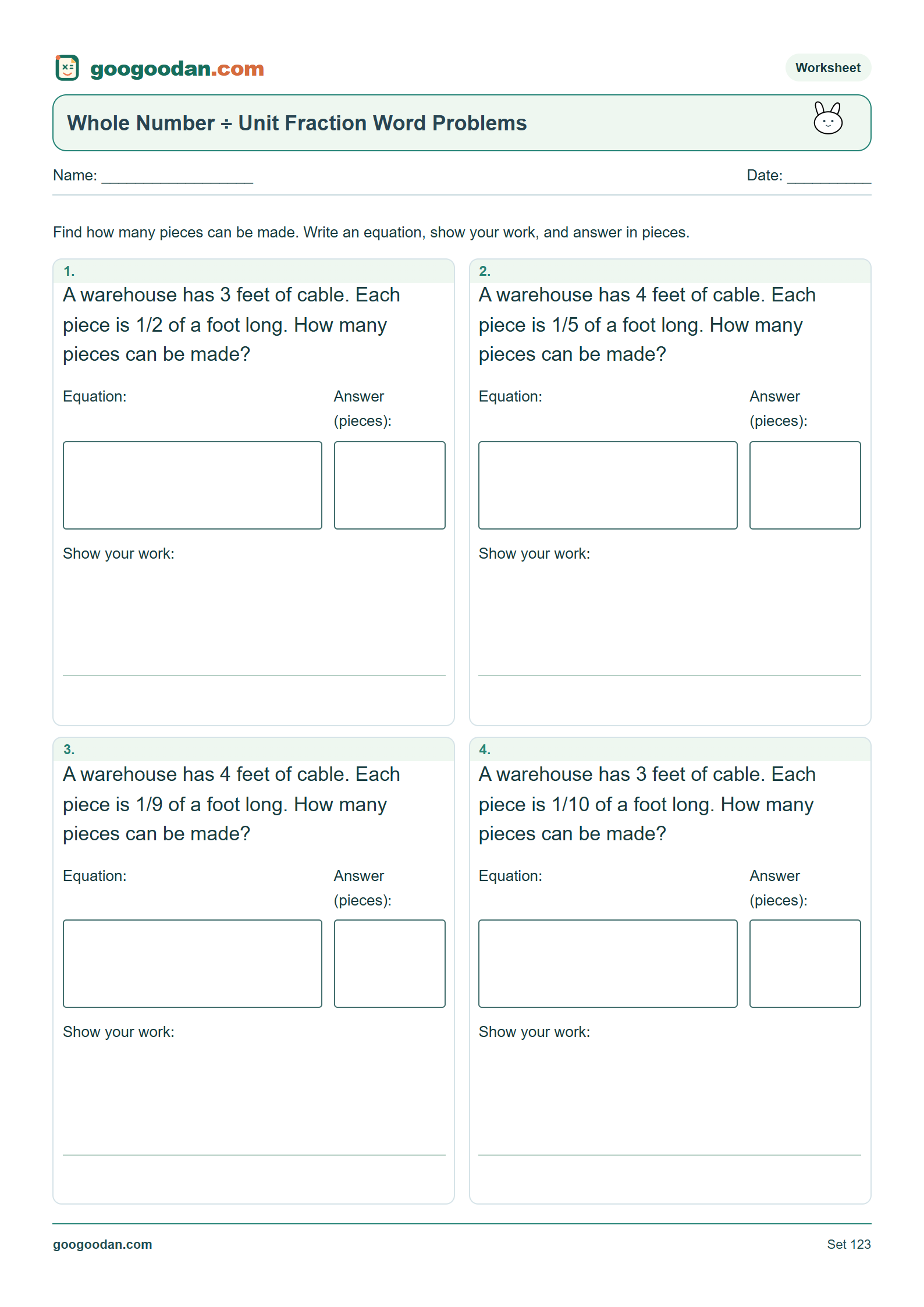 Full printable worksheet preview: Dividing Whole Numbers by Unit Fractions Word Problems