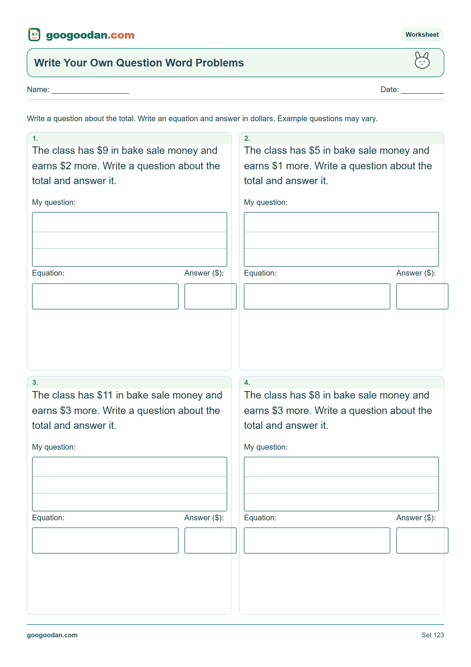 Full printable worksheet preview: Write Your Own Question Word Problems