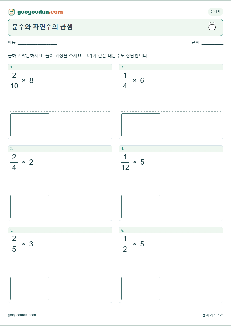 분수와 자연수의 곱셈 문제지 미리보기