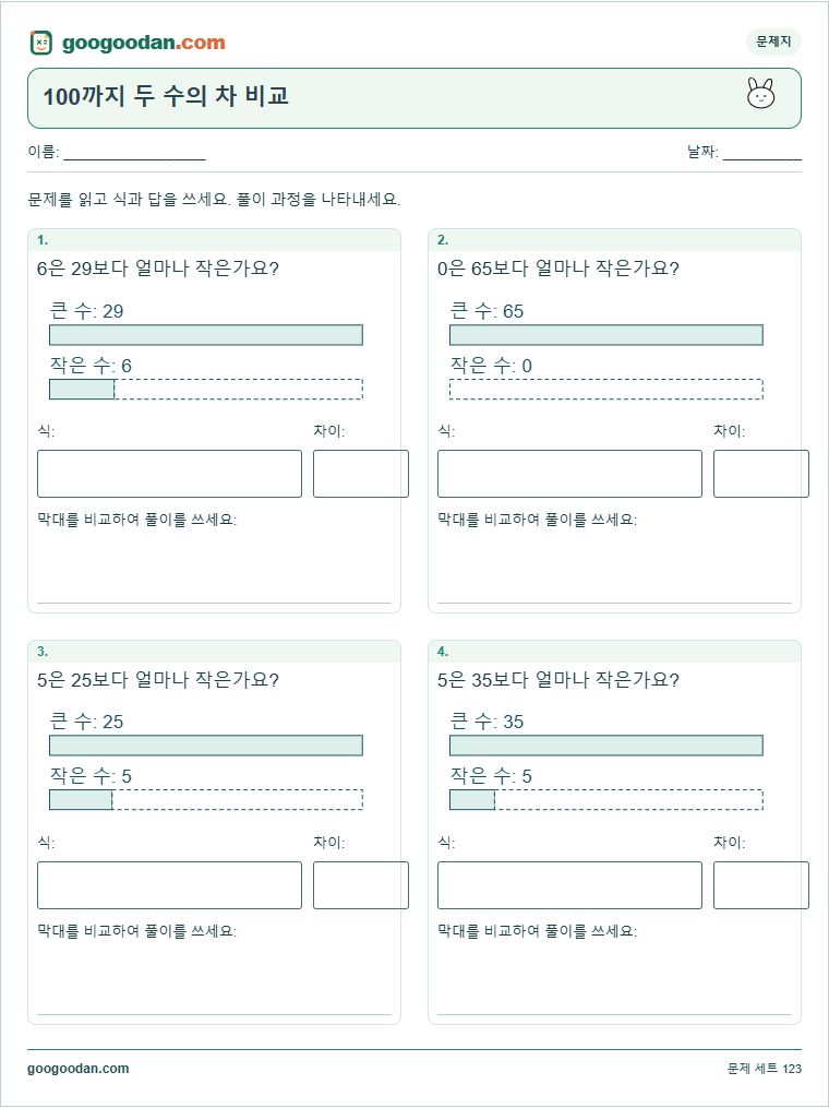 100까지 두 수의 차 비교 문제지 미리보기